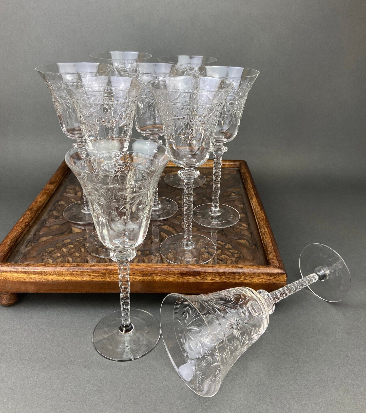 Vintage Wine/Water Goblets. Cut Crystal Tall Stemware.  Daisy Garland Motif.  Set of Ten Glasses