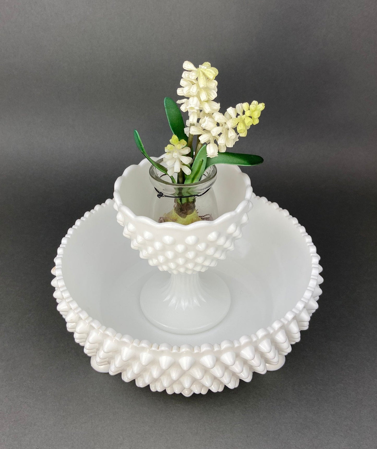 Milk Glass Footed Bowl. Candy Dish with Grape Motif & Ruffled Rim. White Table Centerpiece. Trinket Dish. Bathroom and Bedroom Decor.