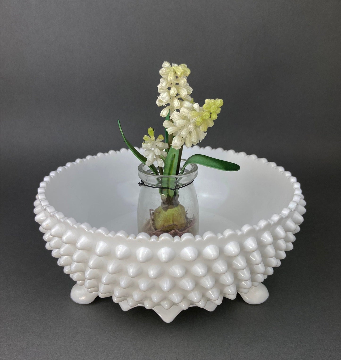 Milk Glass Footed Bowl. Candy Dish with Grape Motif & Ruffled Rim. White Table Centerpiece. Trinket Dish. Bathroom and Bedroom Decor.