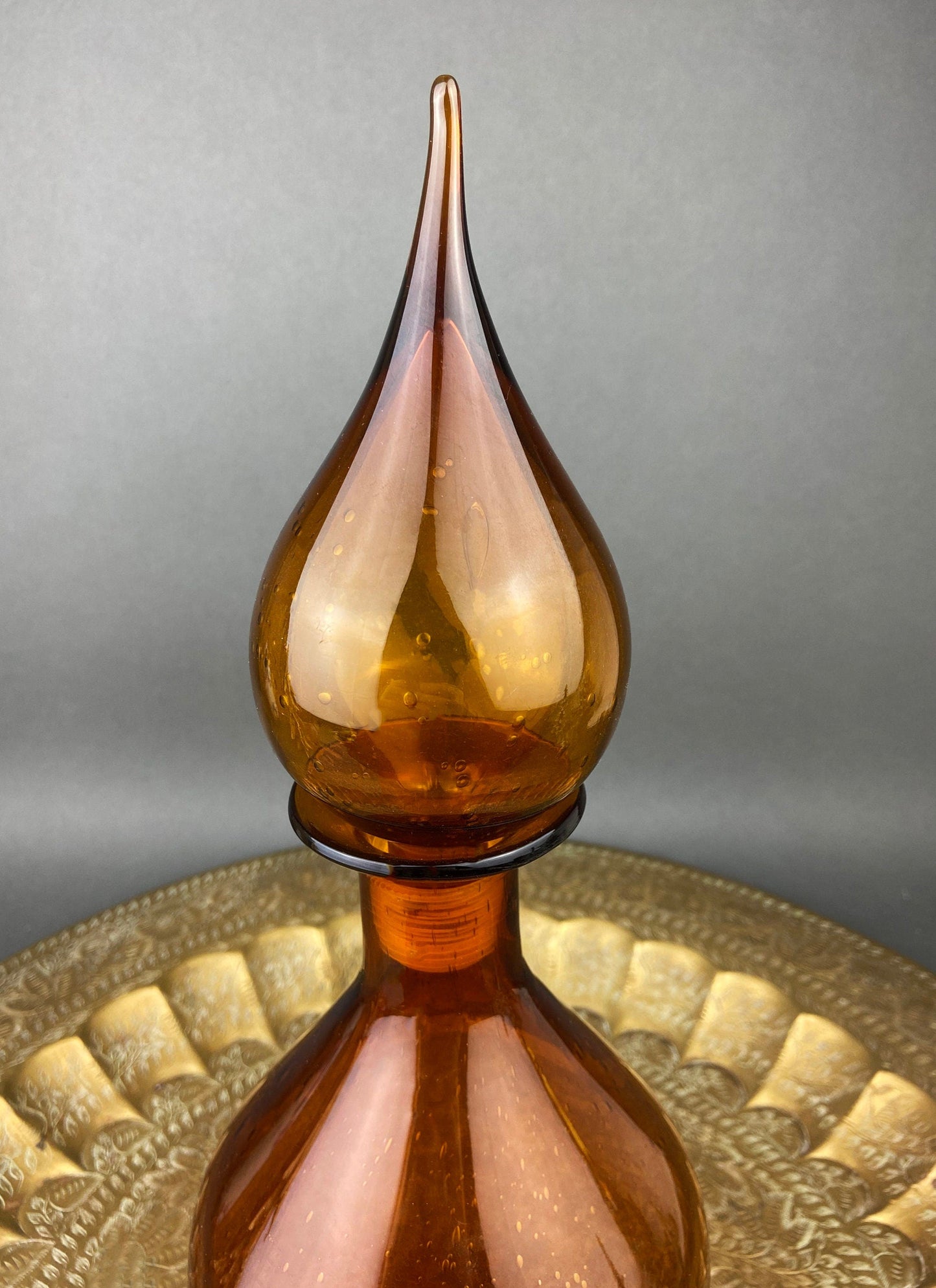 Glass Bottle with Drop Shaped Stopper. Vintage Brown Decanter with Fleur de Lis Detail. Hand Blown Glass.