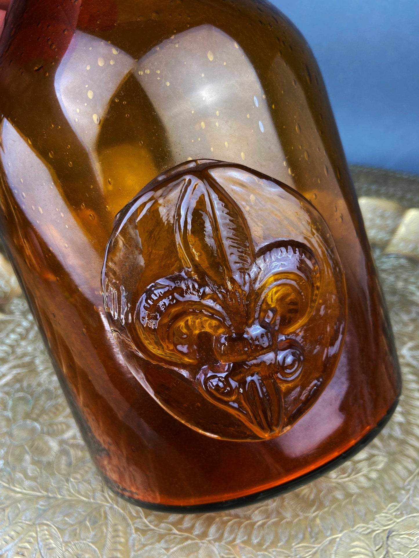 Glass Bottle with Drop Shaped Stopper. Vintage Brown Decanter with Fleur de Lis Detail. Hand Blown Glass.