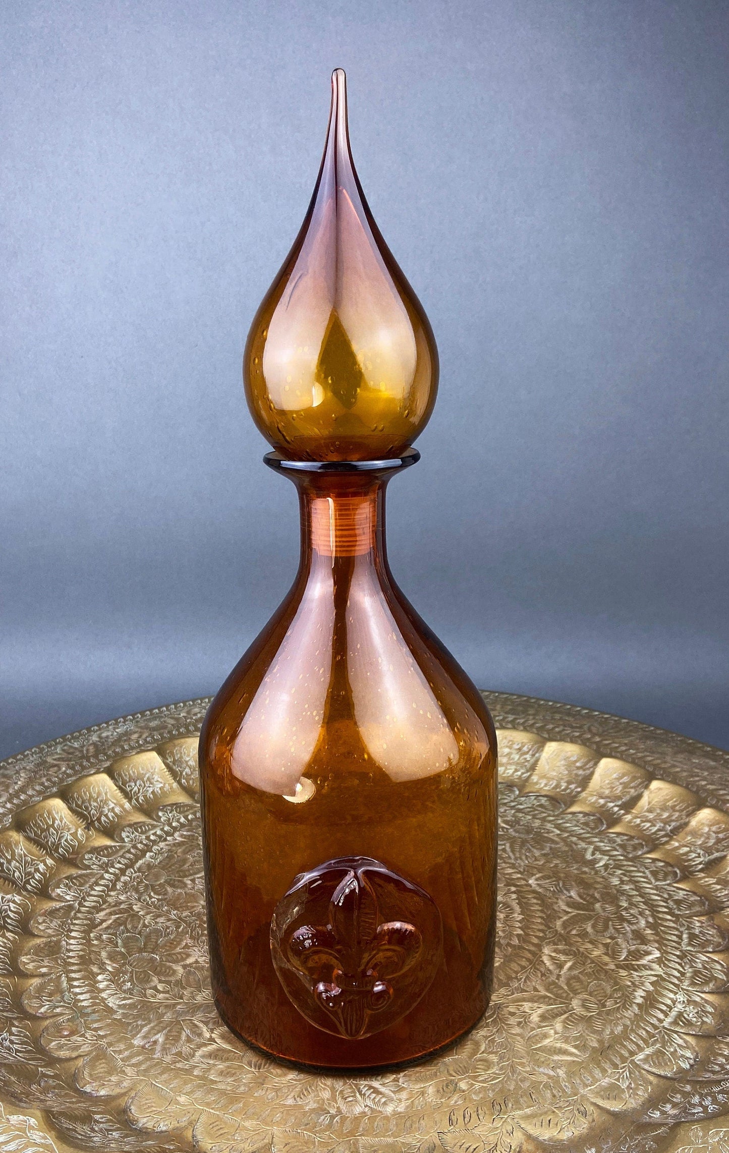 Glass Bottle with Drop Shaped Stopper. Vintage Brown Decanter with Fleur de Lis Detail. Hand Blown Glass.