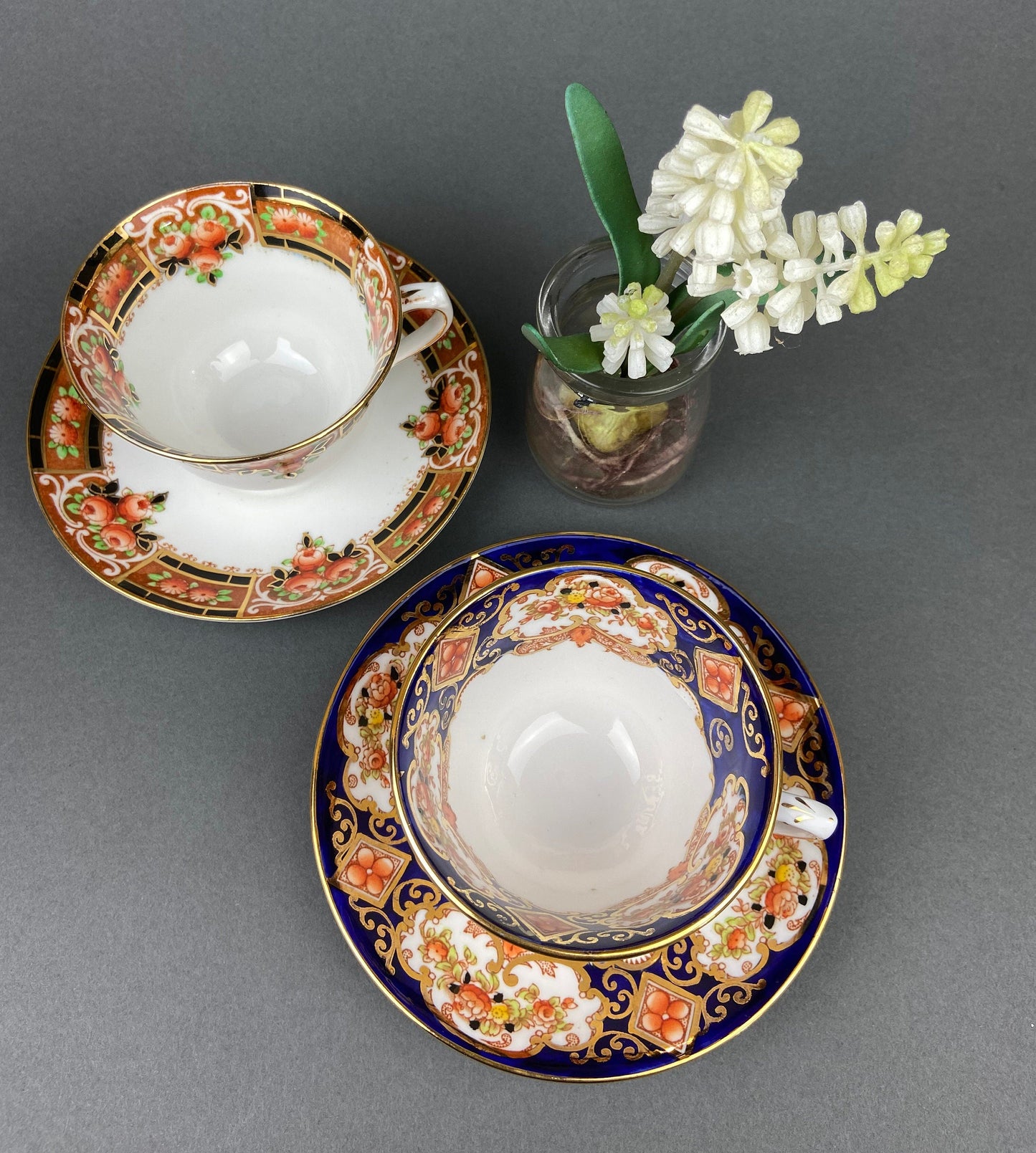 Set of Two Tea Cups and Saucers. Hand Painted Royal Albert Crown China and Salon China Richmond. Made in England.