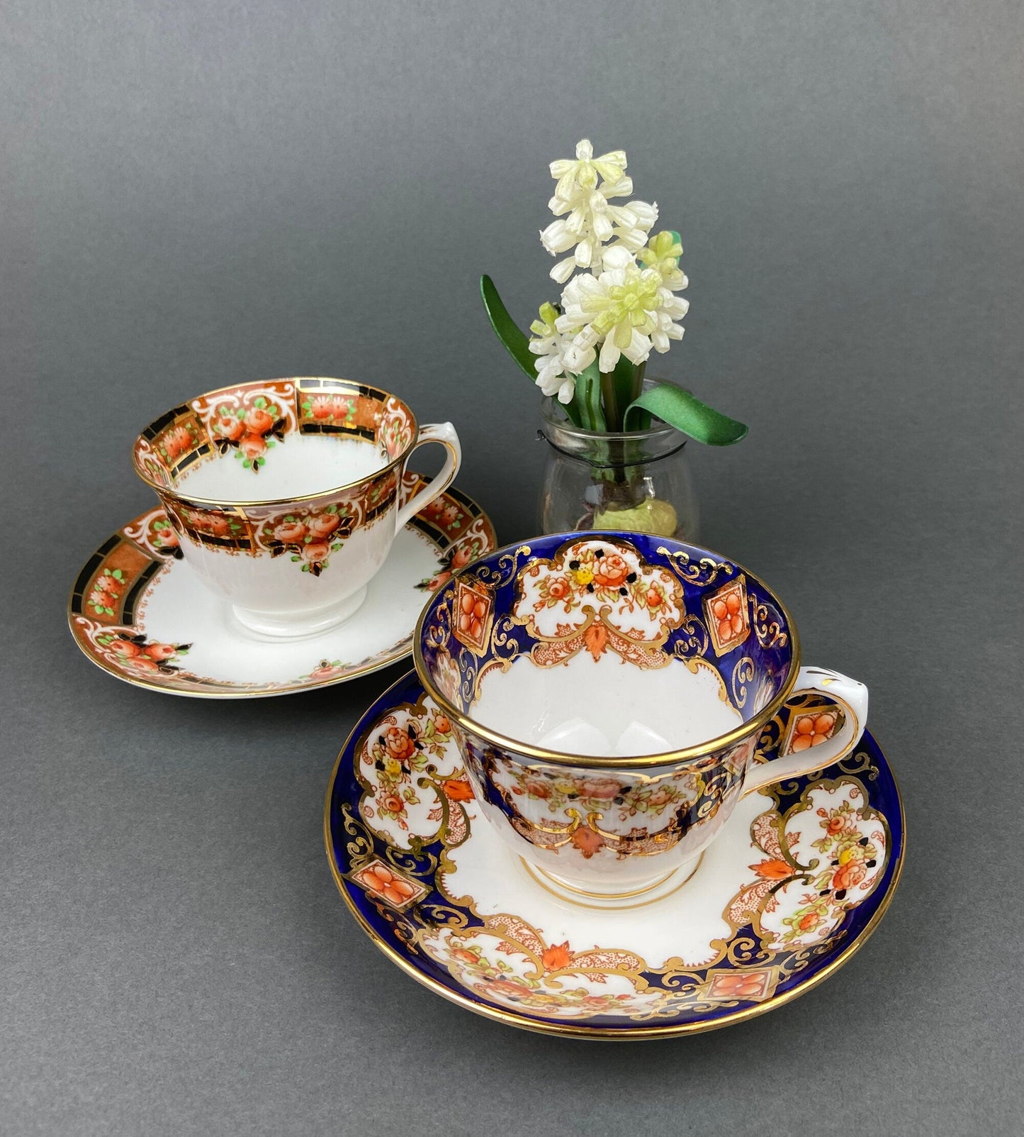 Set of Two Tea Cups and Saucers. Hand Painted Royal Albert Crown China and Salon China Richmond. Made in England.