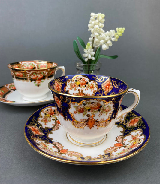 Set of Two Tea Cups and Saucers. Hand Painted Royal Albert Crown China and Salon China Richmond. Made in England.