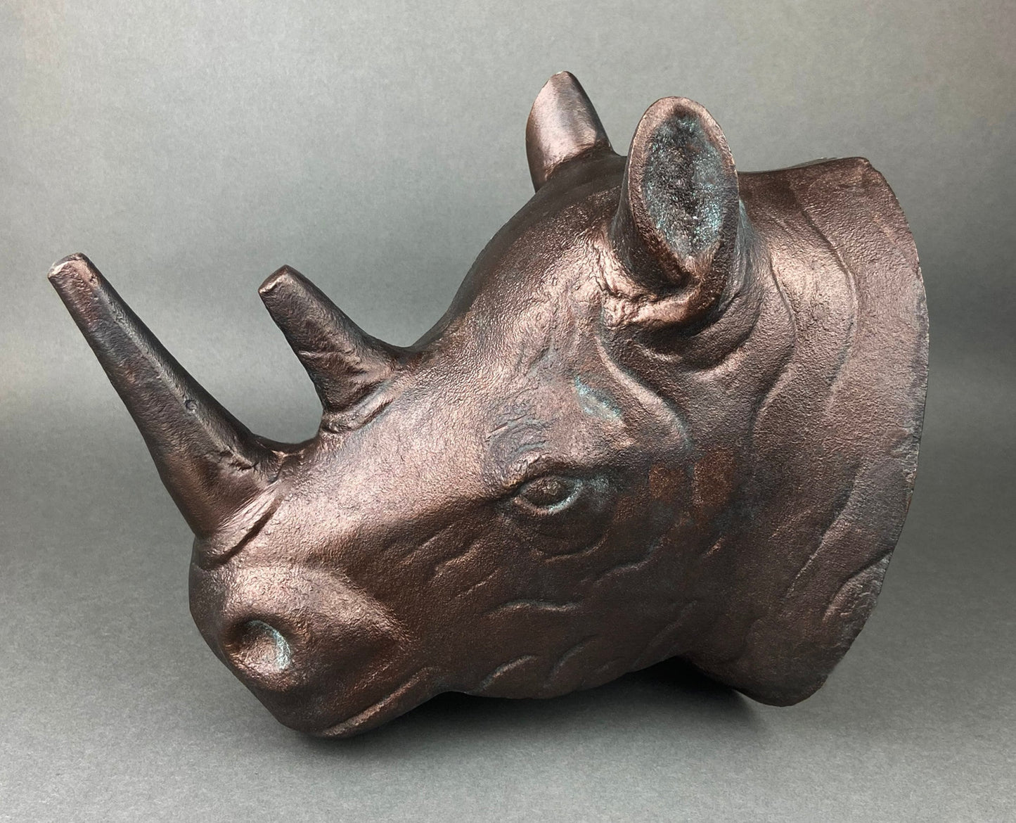 Rhino Bust Wall Hanging.  Large Rhino Sculpture or Figurine. Distressed Bronze Wall Decor. Safari Lovers.