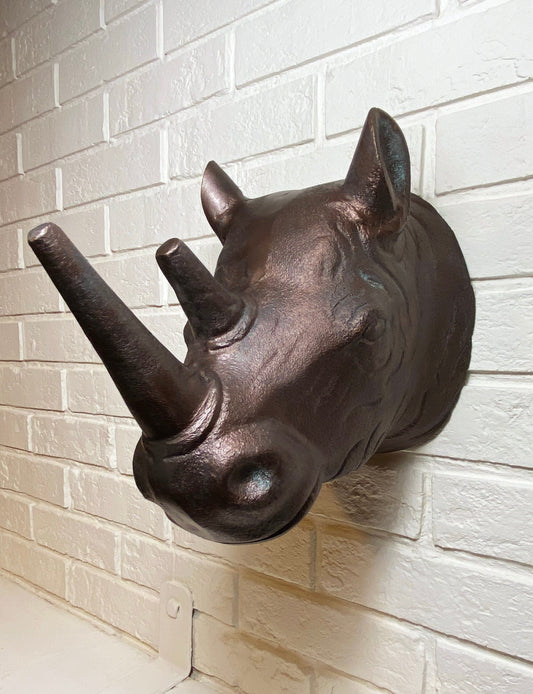 Rhino Bust Wall Hanging.  Large Rhino Sculpture or Figurine. Distressed Bronze Wall Decor. Safari Lovers.