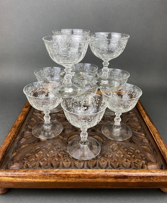 Fostoria Low Sherbet Glasses.  Etched Meadow Rose Motif.  Set of Ten Vintage Wine or Dessert Glasses.