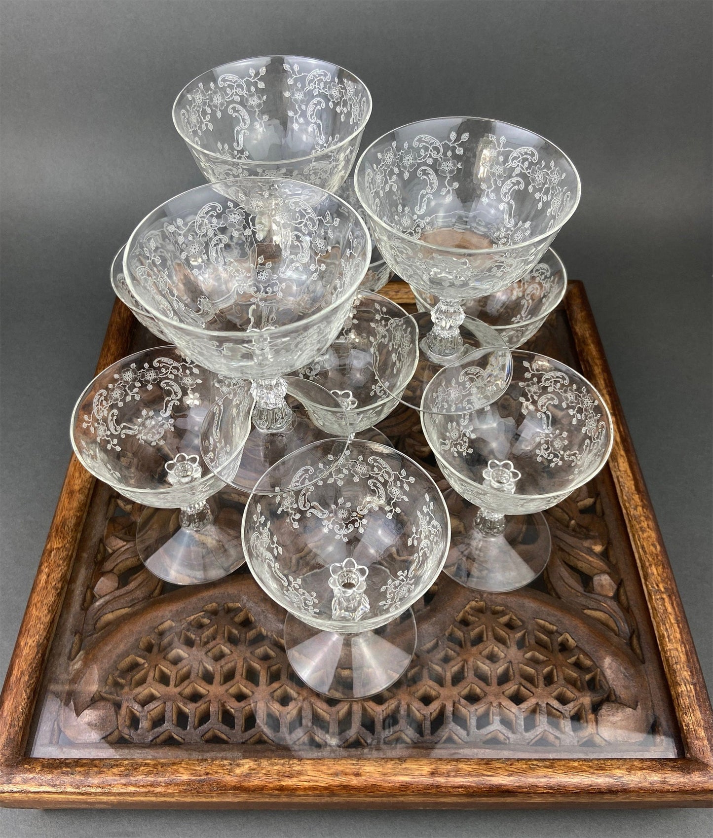 Vintage Crystal Wine or Juice Goblets.  Bohemia Crystal by Crystal-ex.  Queen's Lace Motif.  Set of Six Etched Stem Glasses.