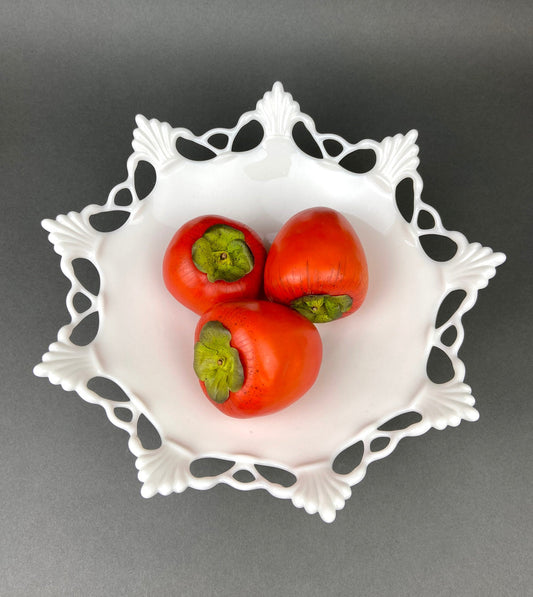 Milk Glass Bowl with Open Lace Edge.  Large Footed Fruit or Candy Bowl.  Westmoreland Collectible Display or Wedding Reception.