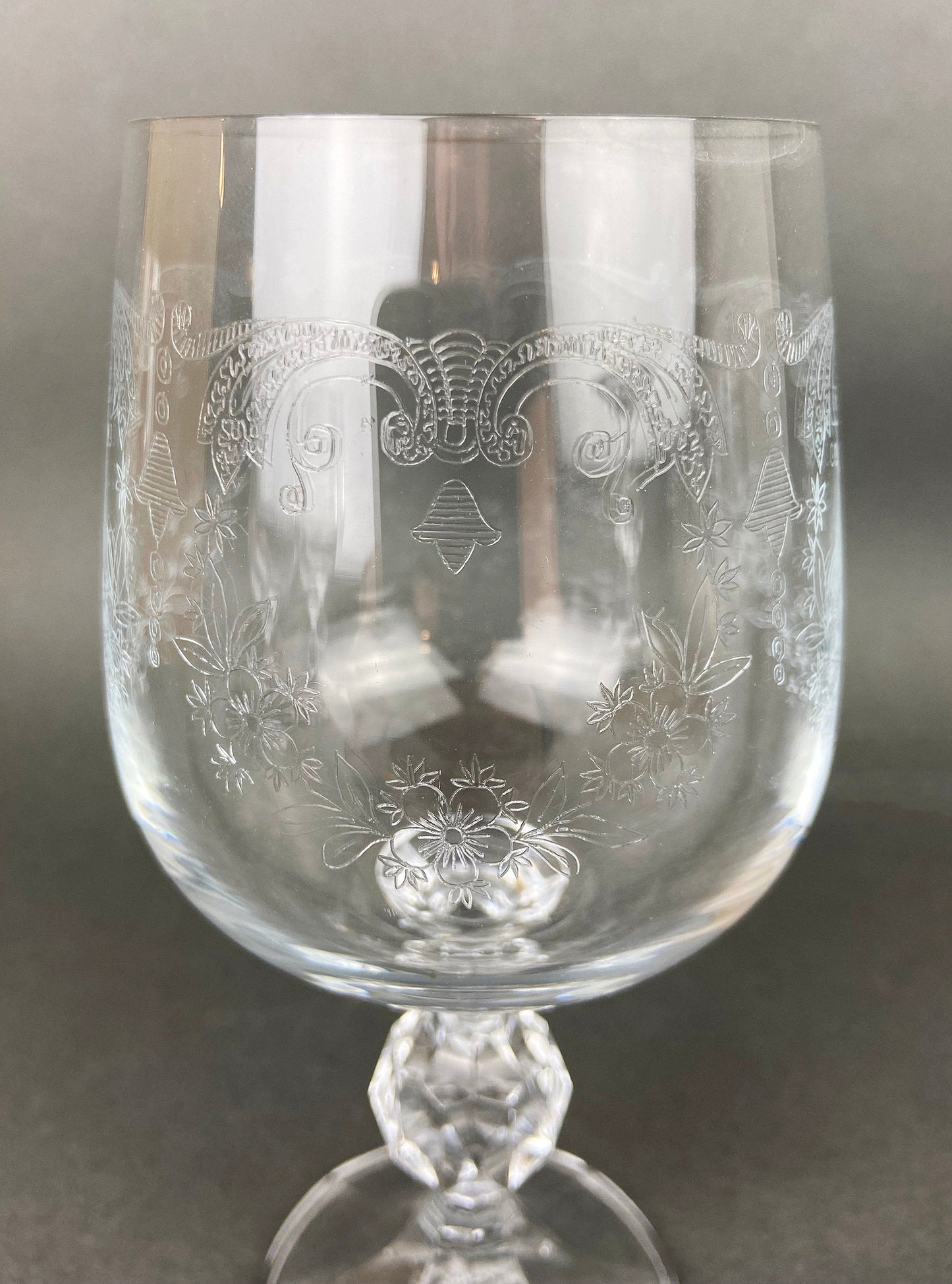 Vintage Crystal Wine or Juice Goblets.  Bohemia Crystal by Crystal-ex.  Queen's Lace Motif.  Set of Six Etched Stem Glasses.