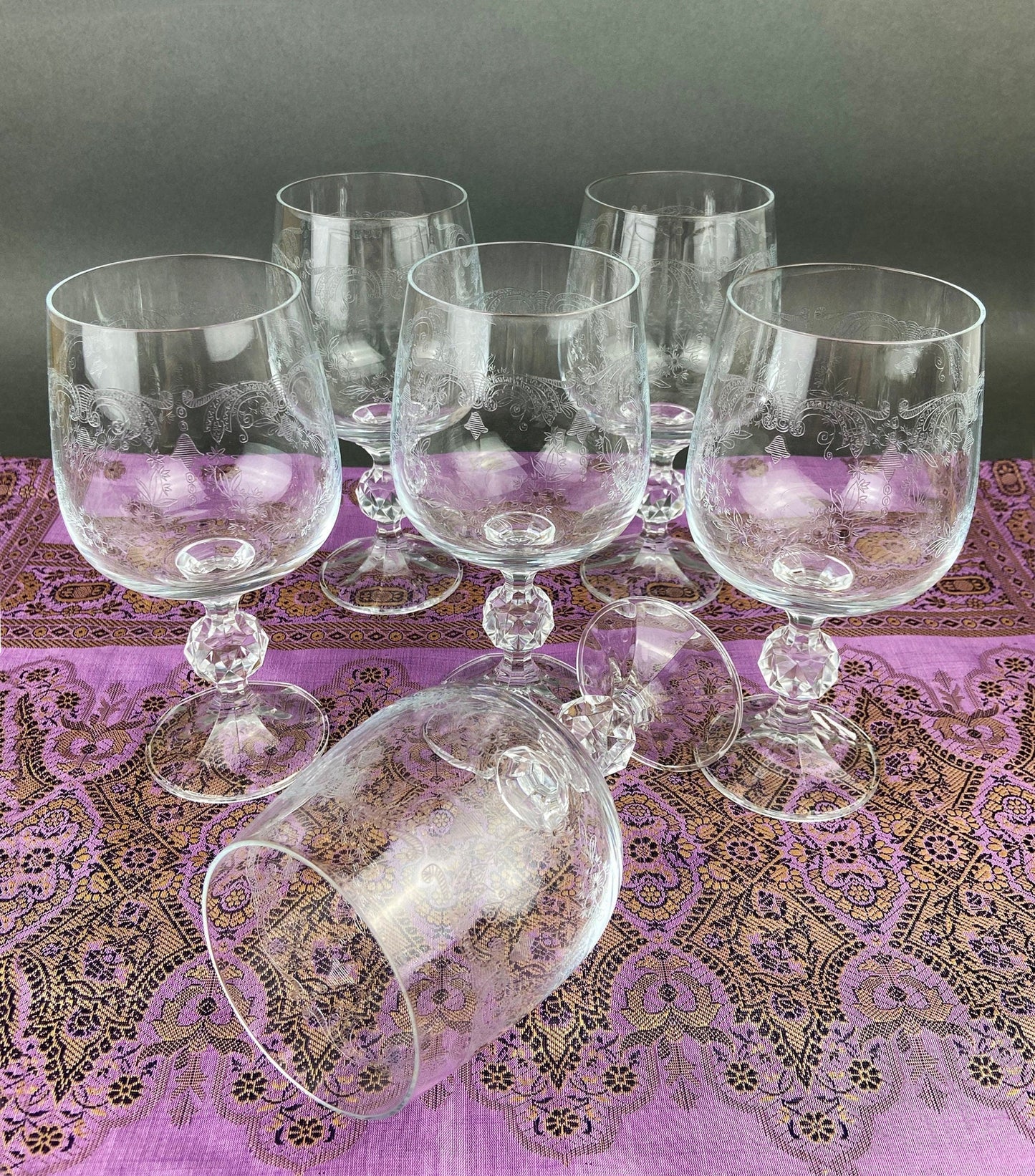 Vintage Crystal Wine or Juice Goblets.  Bohemia Crystal by Crystal-ex.  Queen's Lace Motif.  Set of Six Etched Stem Glasses.