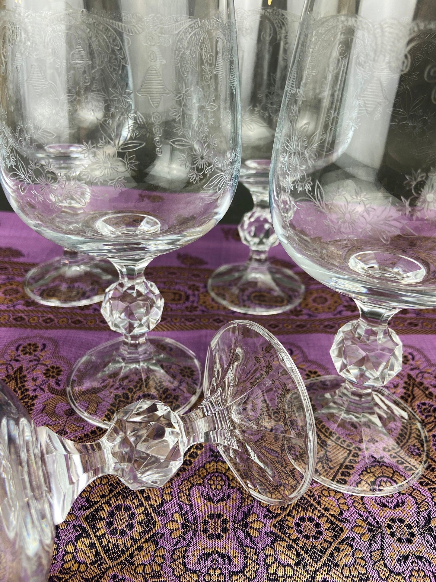 Vintage Crystal Wine or Juice Goblets.  Bohemia Crystal by Crystal-ex.  Queen's Lace Motif.  Set of Six Etched Stem Glasses.