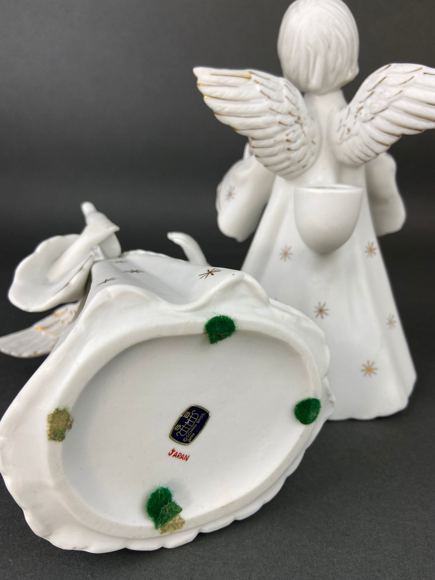 Angel Candle Stick Holders  by Schmid Brothers. Set of Two Porcelain Angels Playing Harp. Made in Japan.
