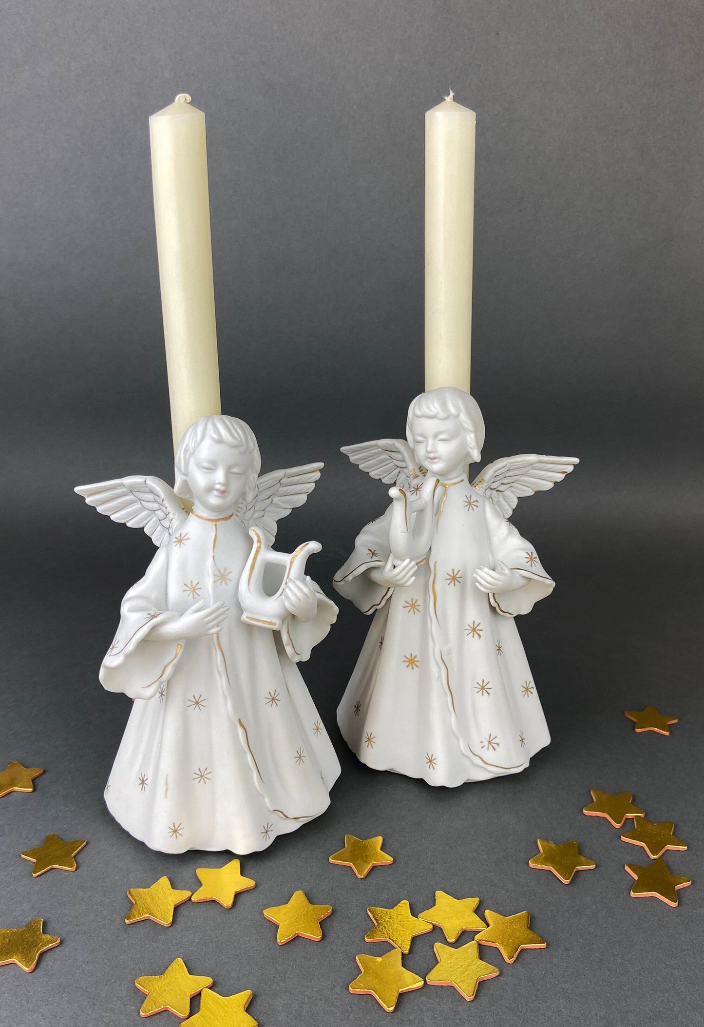 Angel Candle Stick Holders  by Schmid Brothers. Set of Two Porcelain Angels Playing Harp. Made in Japan.