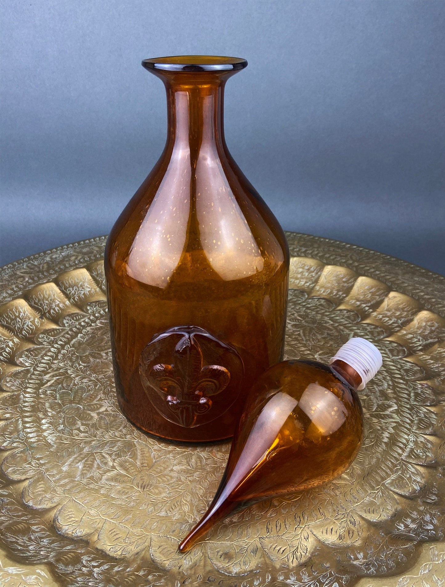 Glass Bottle with Drop Shaped Stopper. Vintage Brown Decanter with Fleur de Lis Detail. Hand Blown Glass.