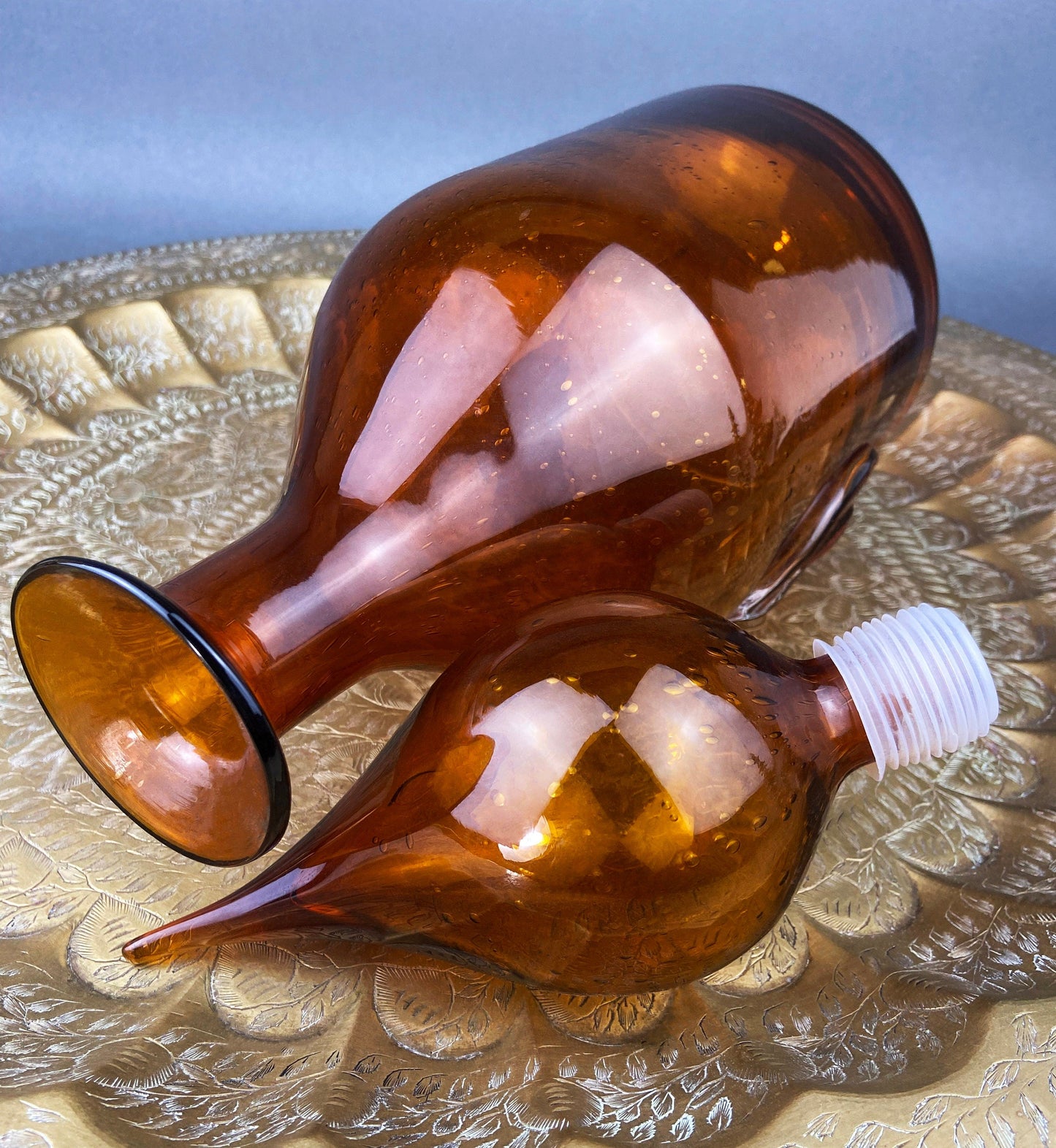 Glass Bottle with Drop Shaped Stopper. Vintage Brown Decanter with Fleur de Lis Detail. Hand Blown Glass.