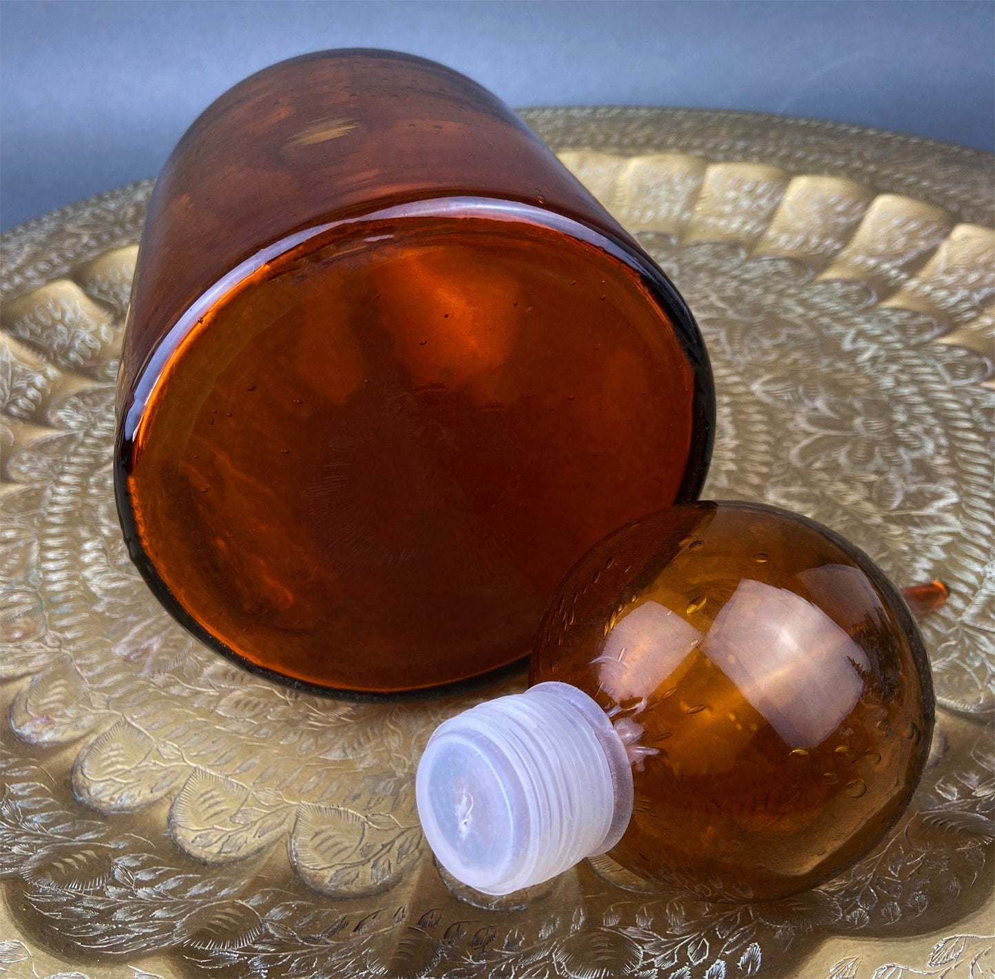 Glass Bottle with Drop Shaped Stopper. Vintage Brown Decanter with Fleur de Lis Detail. Hand Blown Glass.