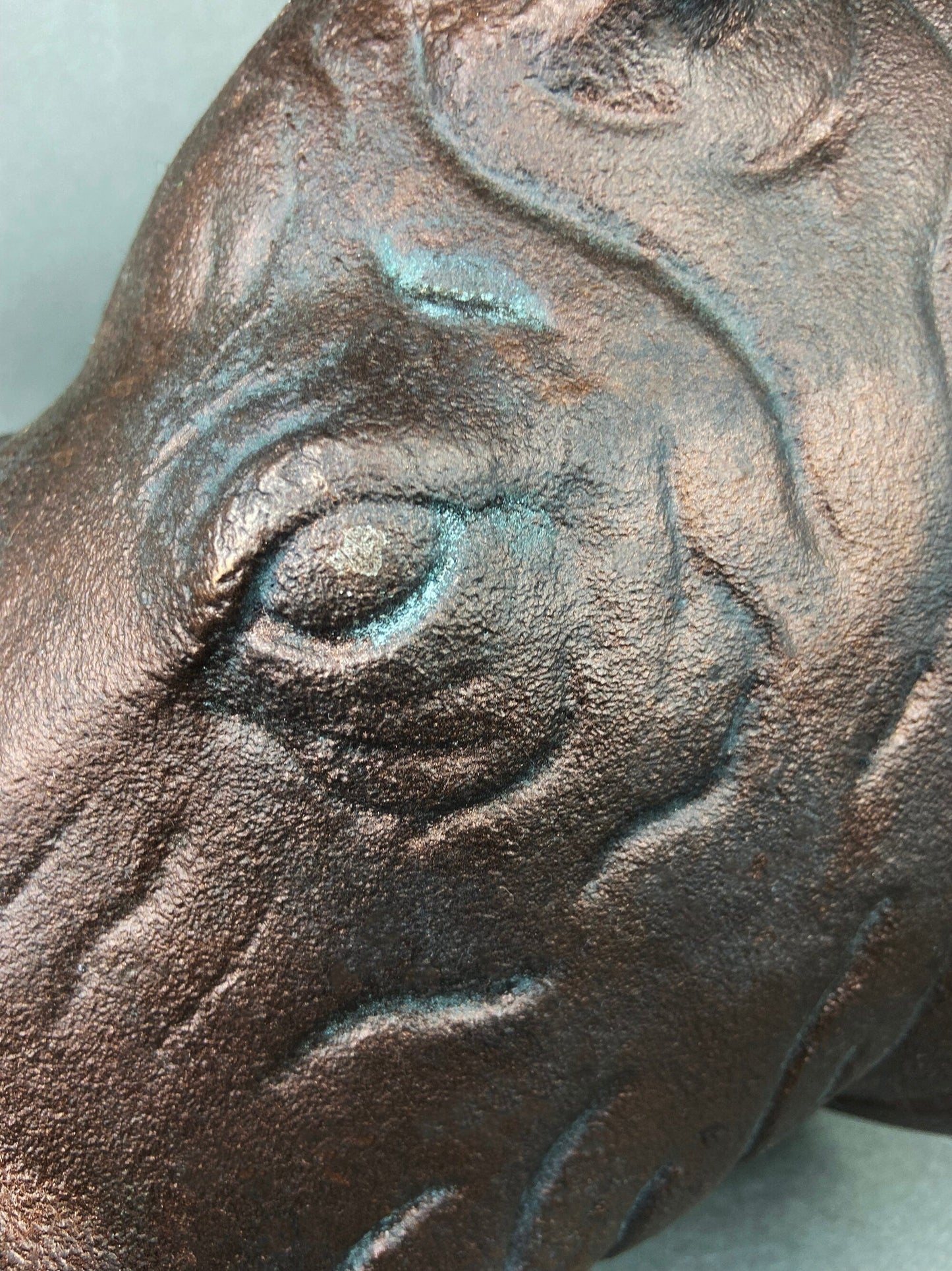 Rhino Bust Wall Hanging.  Large Rhino Sculpture or Figurine. Distressed Bronze Wall Decor. Safari Lovers.