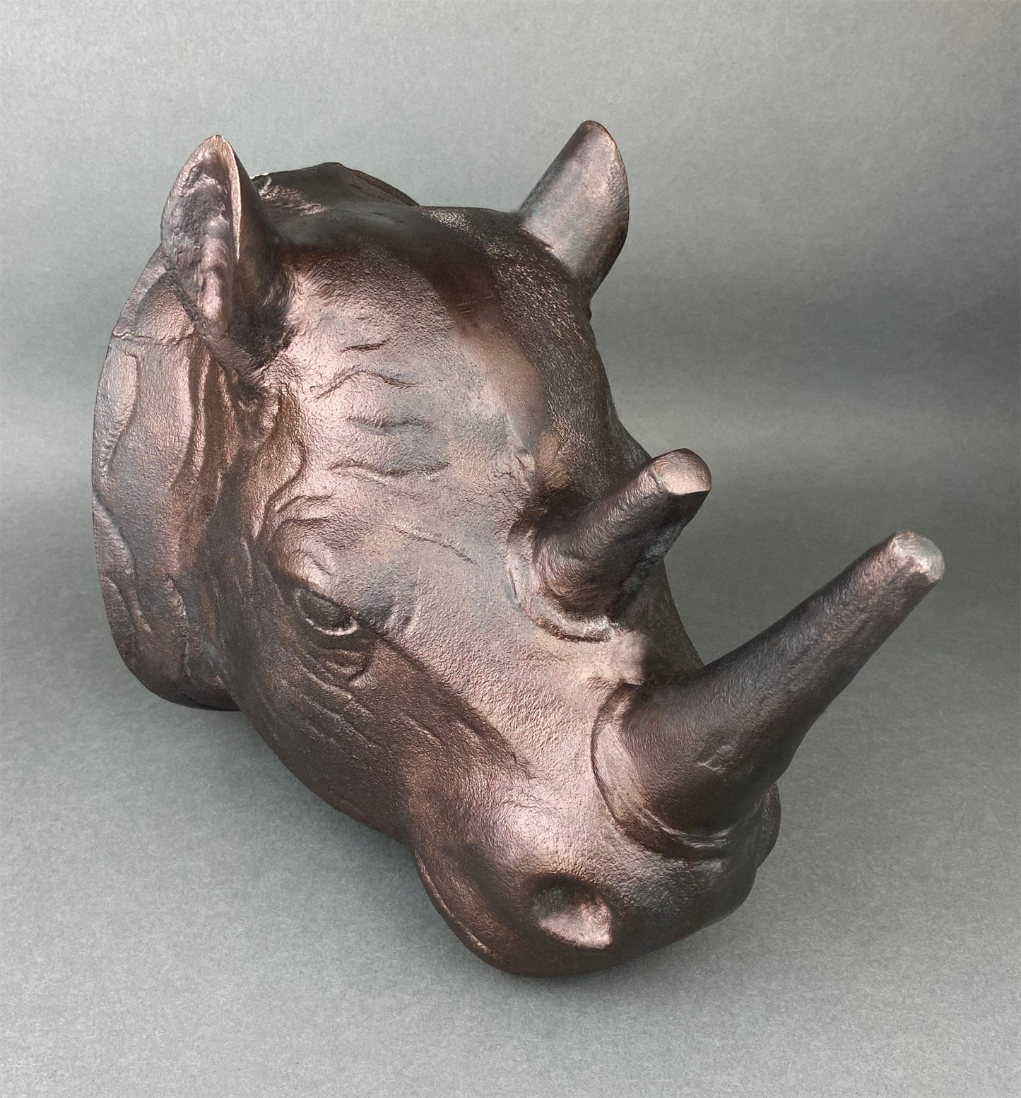 Rhino Bust Wall Hanging.  Large Rhino Sculpture or Figurine. Distressed Bronze Wall Decor. Safari Lovers.
