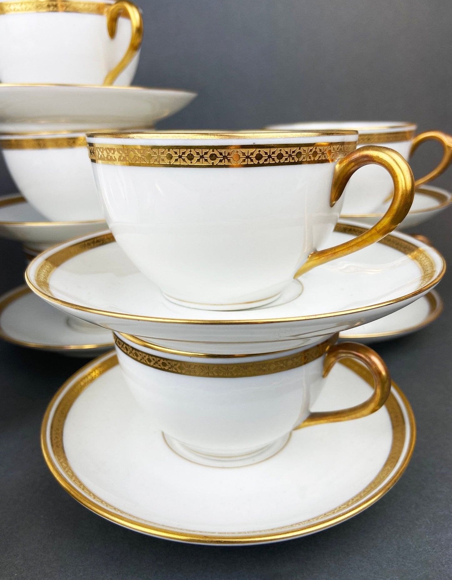 Antique Limoges Porcelain Tea Set. Set of Six Wedding Band Cups and Saucers, Teapot, Creamer and Sugar Bowl.  Haviland, France.