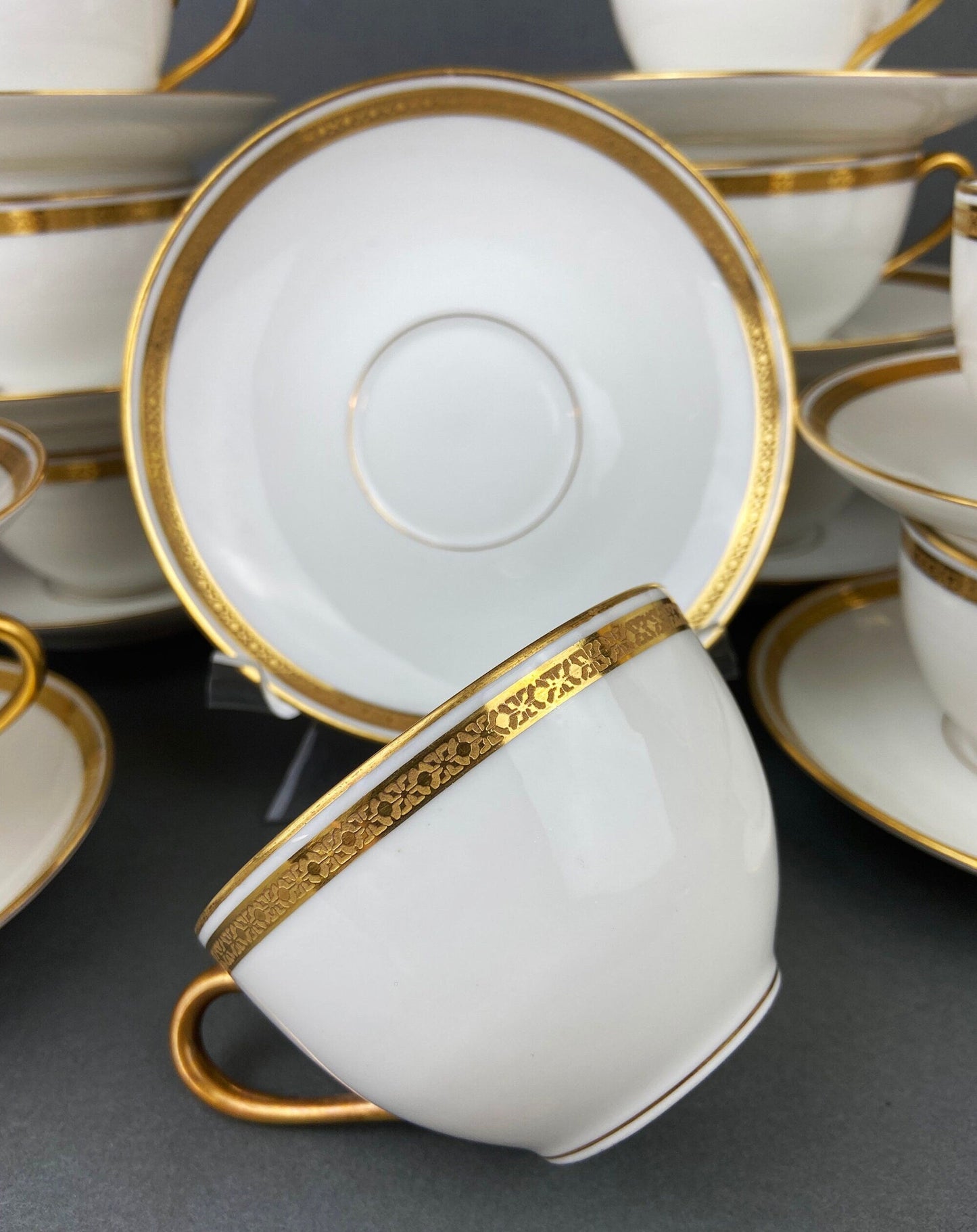 Antique Limoges Porcelain Tea Set. Set of Six Wedding Band Cups and Saucers, Teapot, Creamer and Sugar Bowl.  Haviland, France.