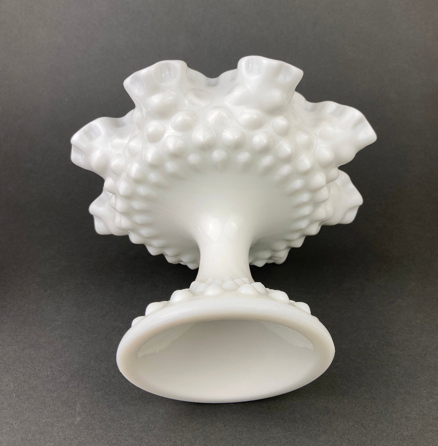 Fenton Milk Glass Candy Dish with Ruffled Edge.  Vintage, Hobnail Trinket Dish.  White Footed Bowl.