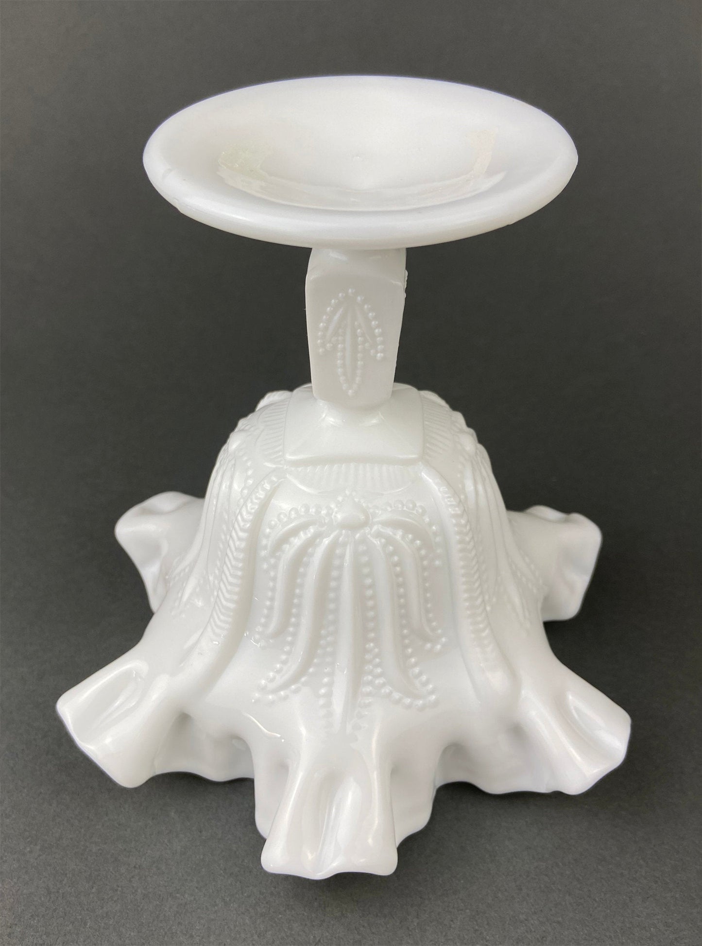 Milk Glass Candy Dish with Ruffled Edge.  Vintage, White Trinket Dish.  Footed Bowl with Floral Motif.