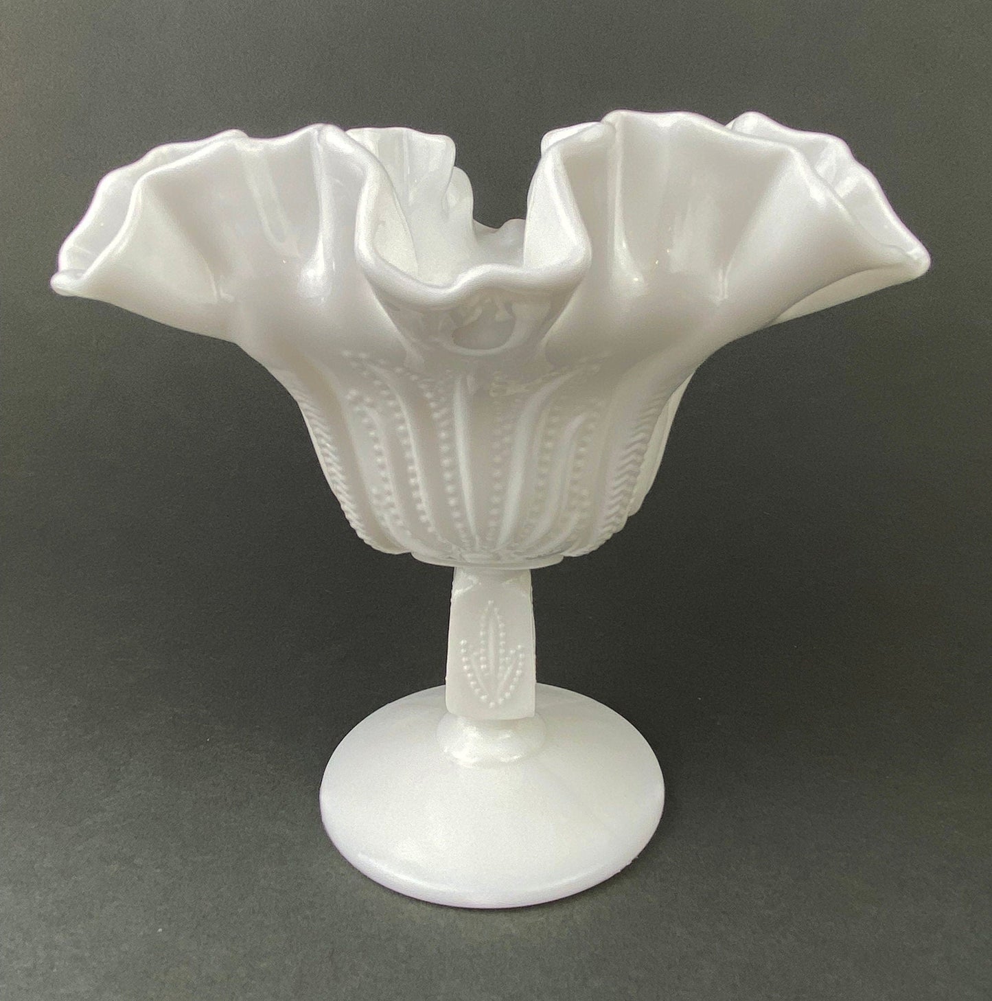 Fenton Milk Glass Candy Dish with Ruffled Edge.  Vintage, Hobnail Trinket Dish.  White Footed Bowl.