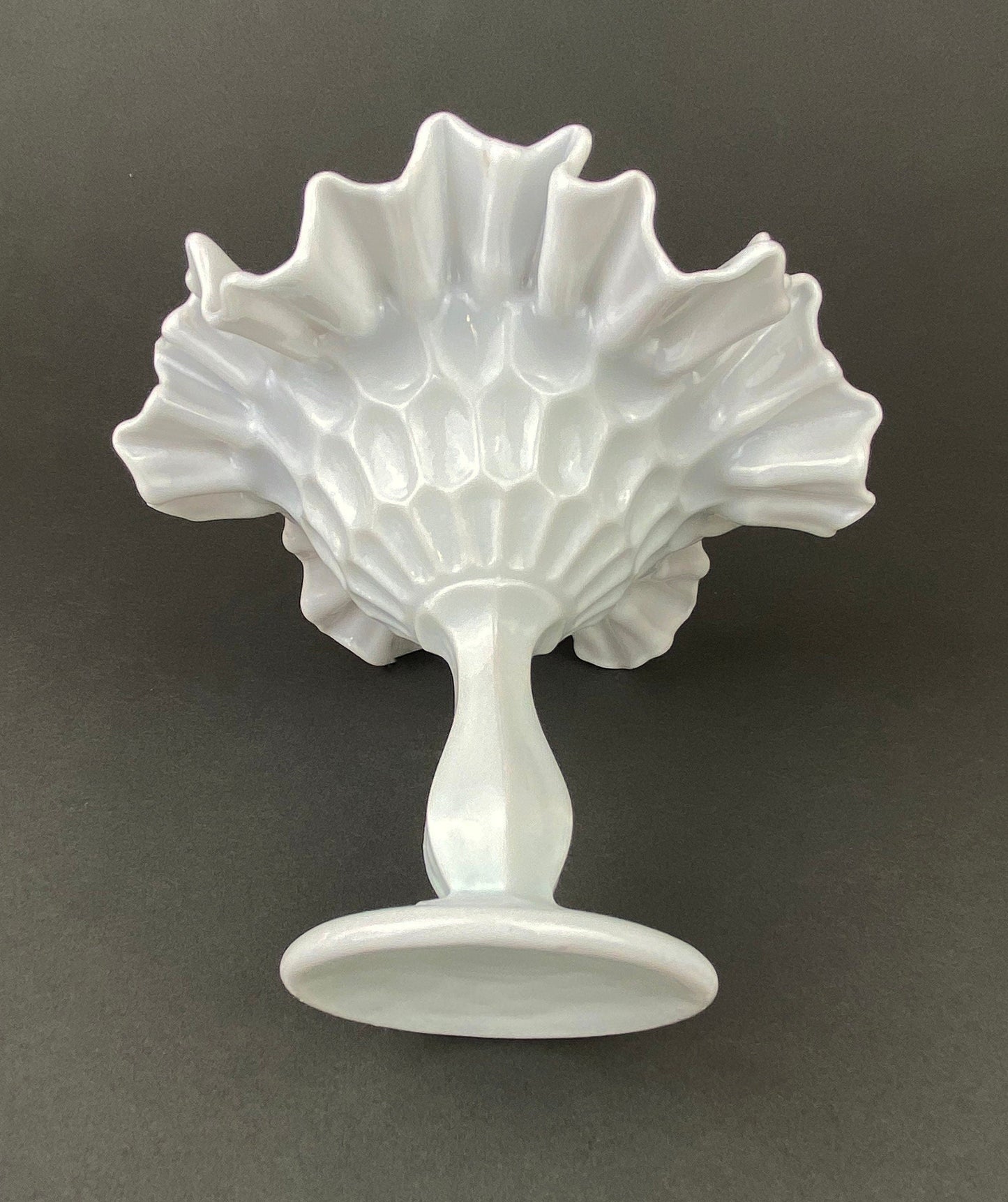 Fenton Milk Glass Candy Dish with Ruffled Edge.  Vintage, Hobnail Trinket Dish.  White Footed Bowl.