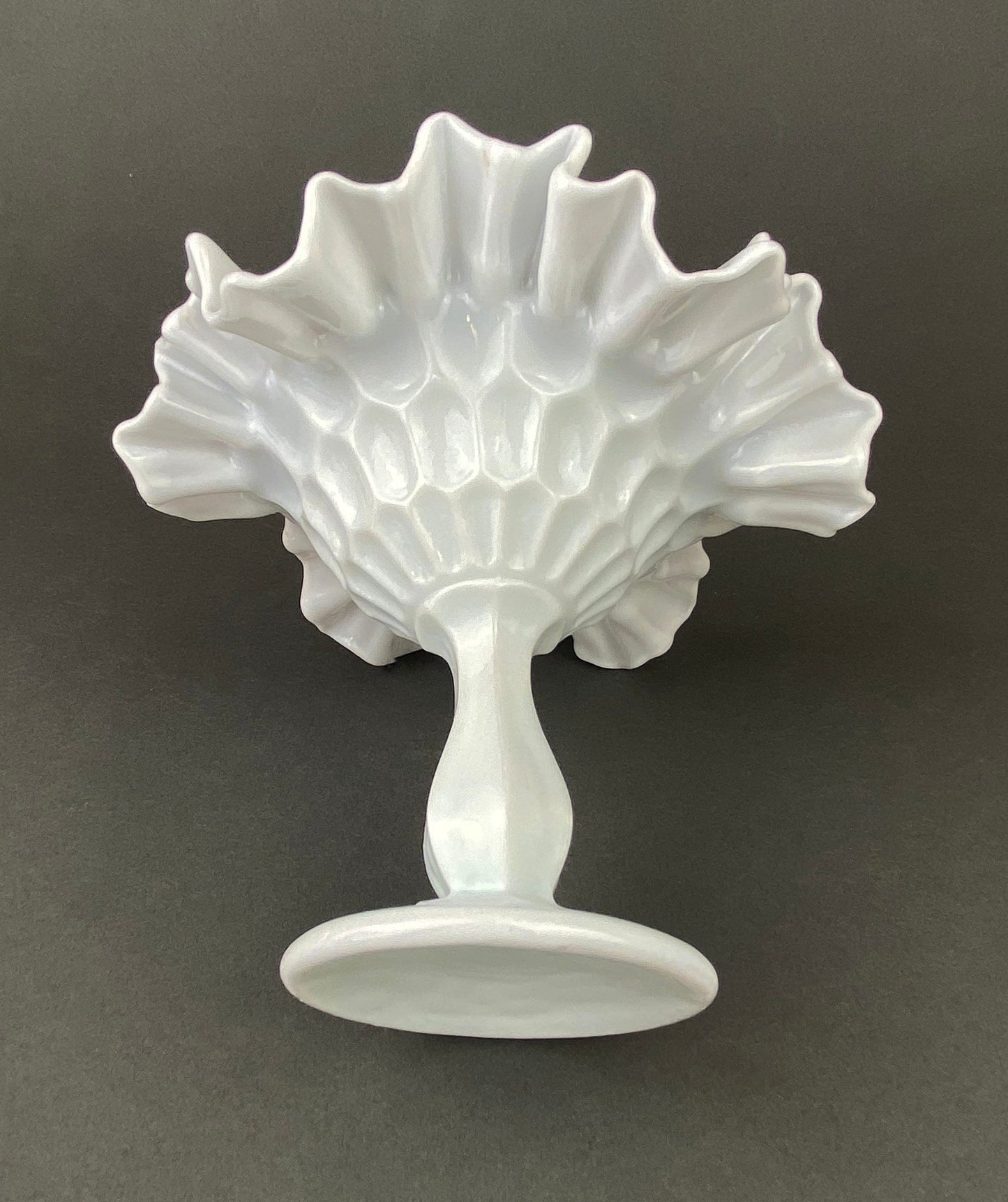 Milk Glass Candy Dish with Ruffled Edge.  Vintage, White Trinket Dish.  Footed Bowl with Floral Motif.