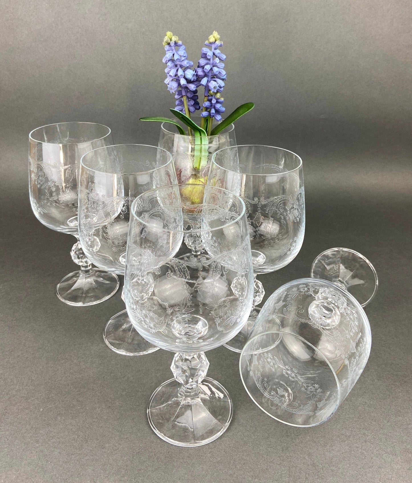 Vintage Crystal Wine or Juice Goblets.  Bohemia Crystal by Crystal-ex.  Queen's Lace Motif.  Set of Six Etched Stem Glasses.