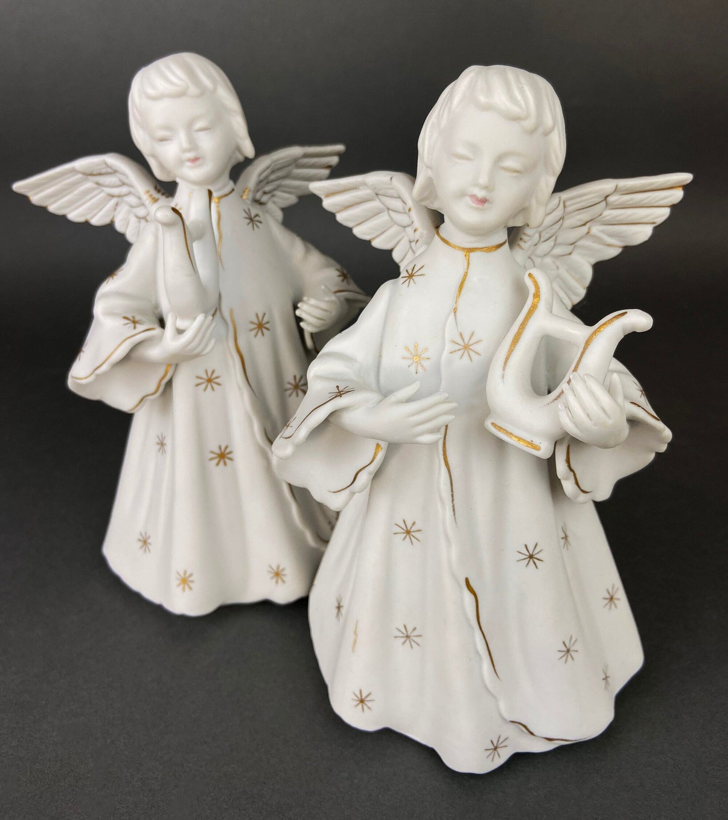 Angel Candle Stick Holders  by Schmid Brothers. Set of Two Porcelain Angels Playing Harp. Made in Japan.
