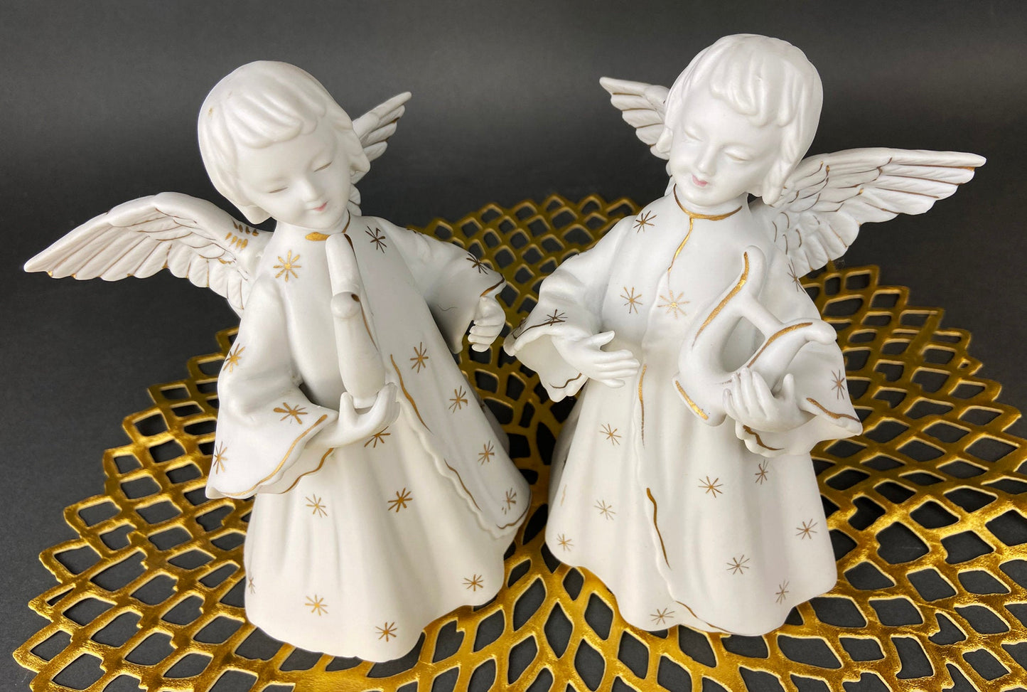 Angel Candle Stick Holders  by Schmid Brothers. Set of Two Porcelain Angels Playing Harp. Made in Japan.