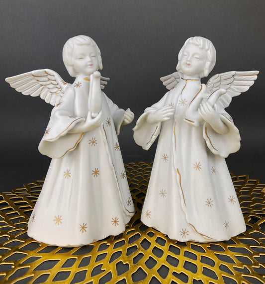 Angel Candle Stick Holders  by Schmid Brothers. Set of Two Porcelain Angels Playing Harp. Made in Japan.