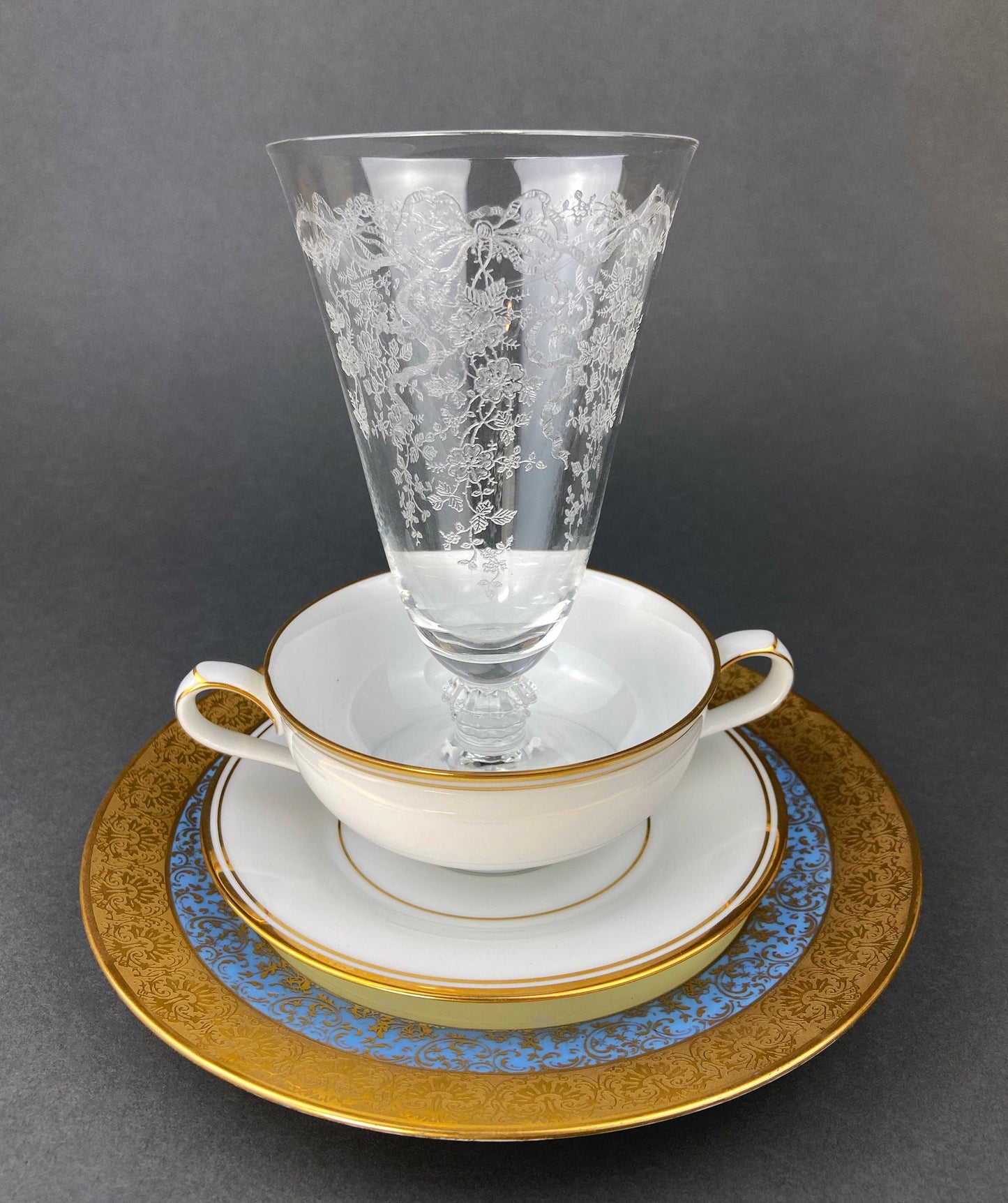 Fenton Water or Ice Tea Crystal Goblets.  Romance by Fenton Glasses.   Set of 6 Vintage Stemware