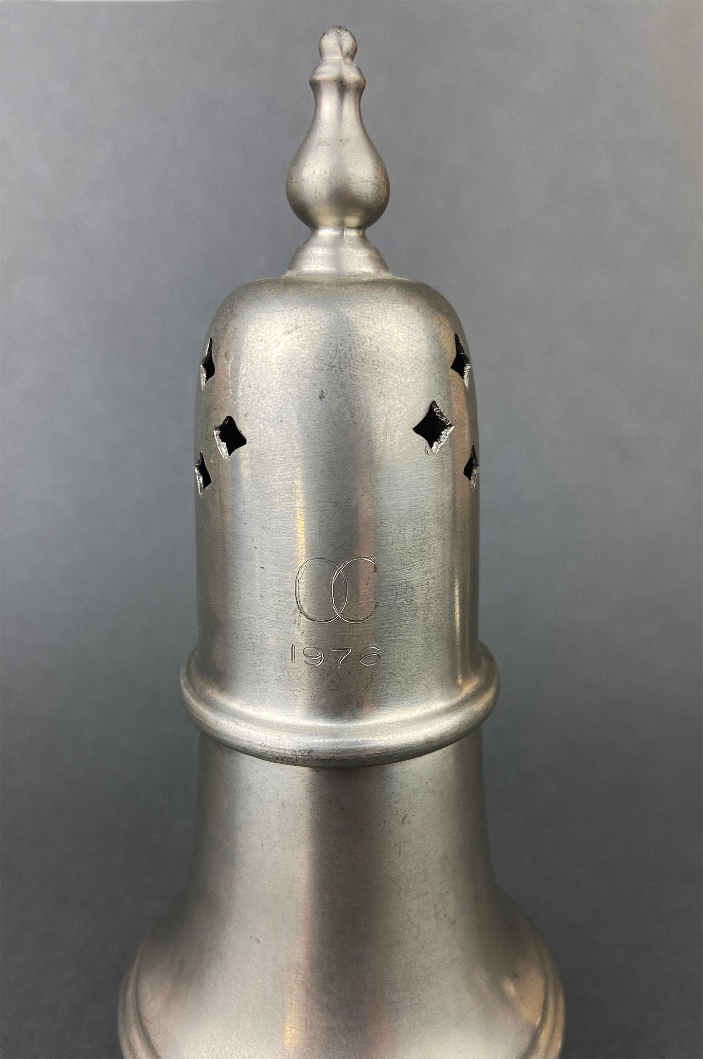 Vintage Pewter Sugar and Cinnamon Shaker. Reed and Barton Muffineer. Subscribed with "Ladies Doubles Runner Up."