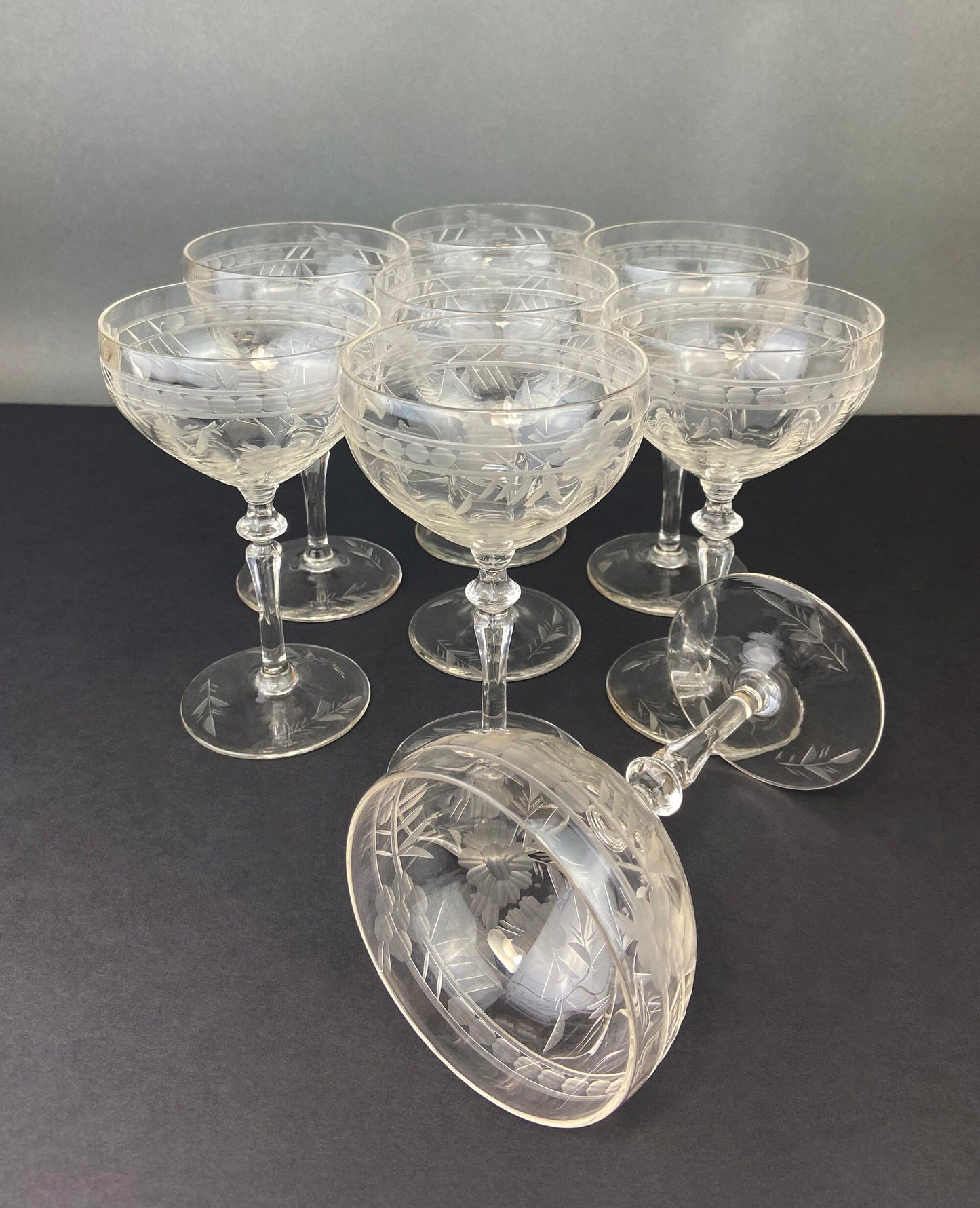 Vintage Cut Crystal Champagne Glasses.   Set of 9 Vintage Glasses with Daisy Motif.  Fine Stemware.