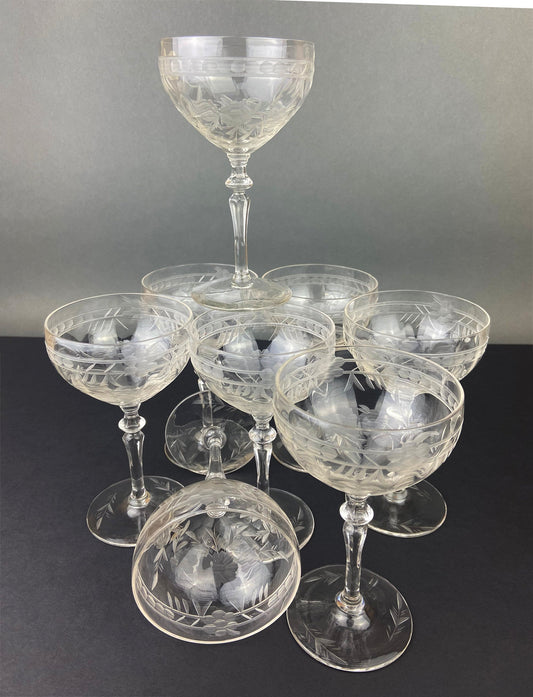Vintage Cut Crystal Champagne Glasses.   Set of 9 Vintage Glasses with Daisy Motif.  Fine Stemware.