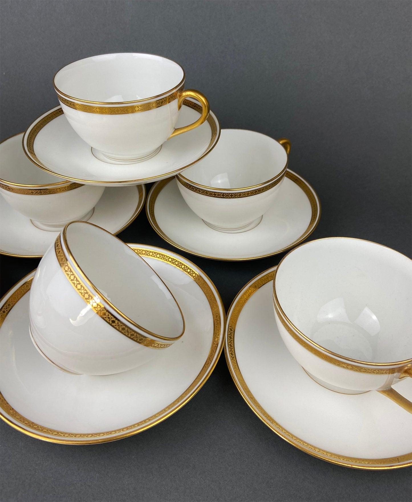 Antique Limoges Porcelain Tea Set. Set of Six Wedding Band Cups and Saucers, Teapot, Creamer and Sugar Bowl.  Haviland, France.
