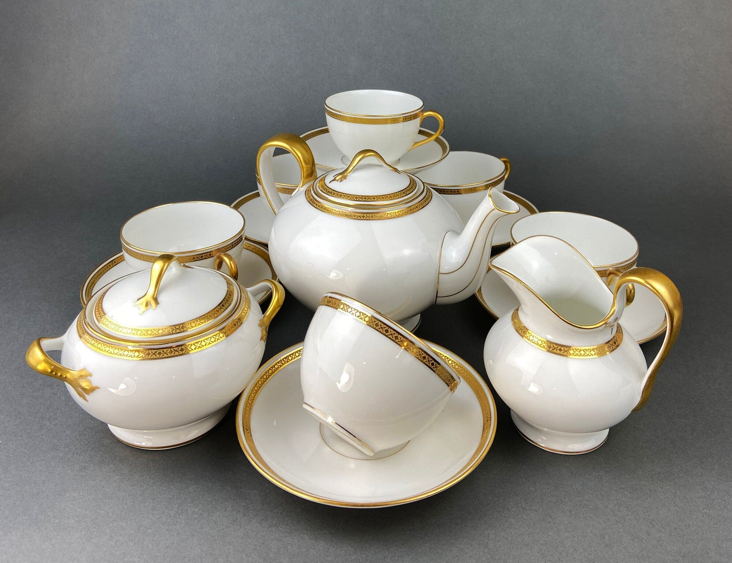 Antique Limoges Porcelain Tea Set. Set of Six Wedding Band Cups and Saucers, Teapot, Creamer and Sugar Bowl.  Haviland, France.