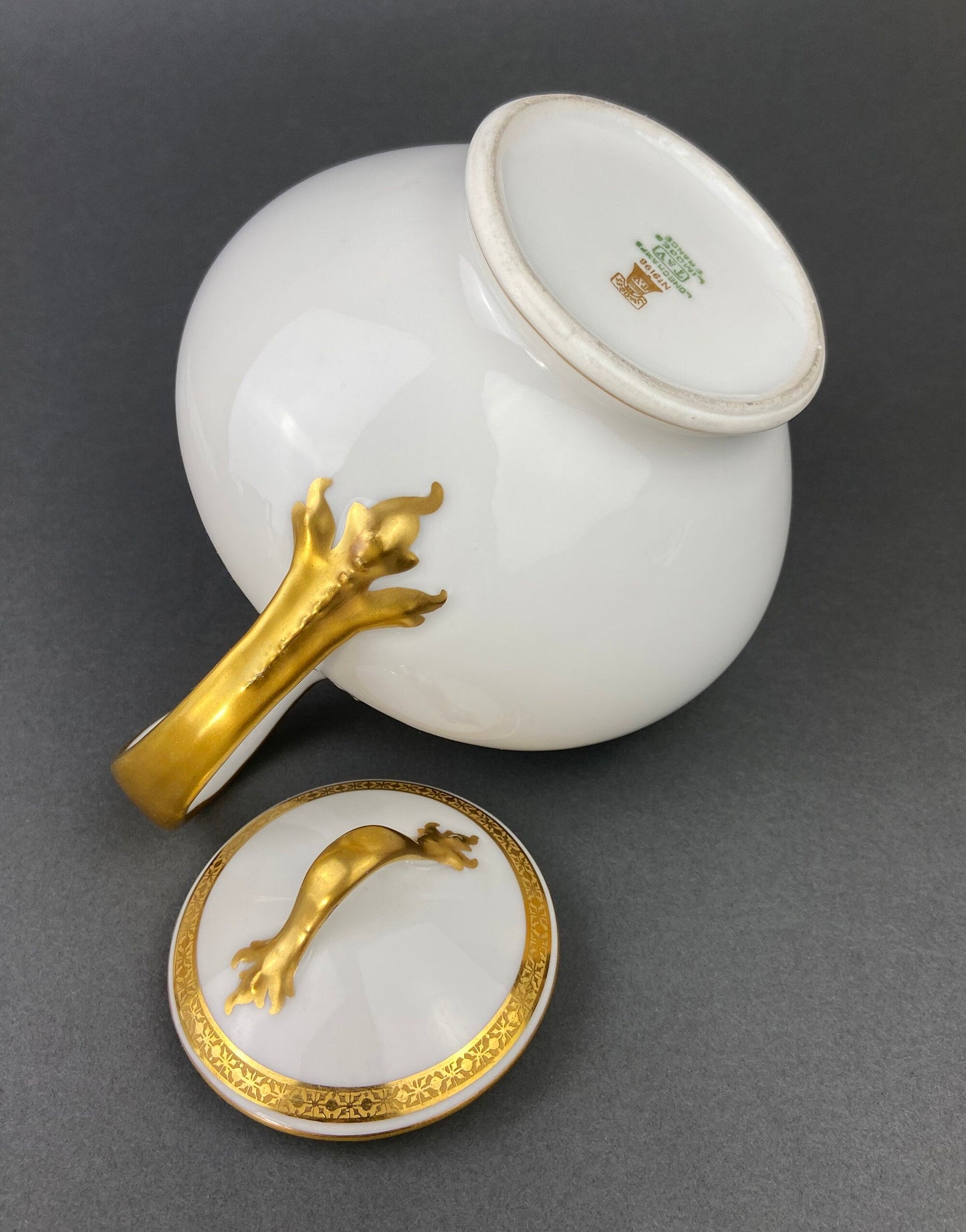 Antique Limoges Porcelain Tea Set. Set of Six Wedding Band Cups and Saucers, Teapot, Creamer and Sugar Bowl.  Haviland, France.