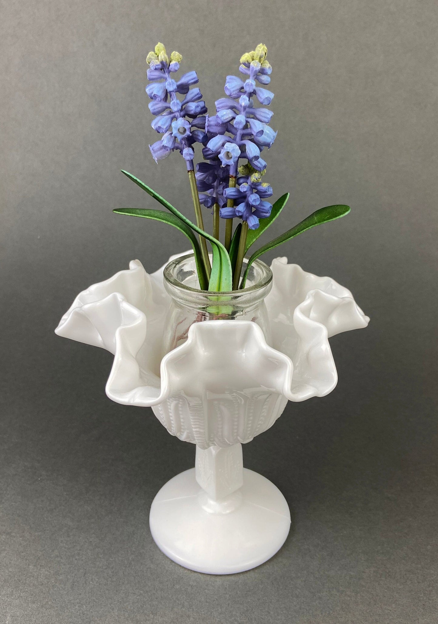 Milk Glass Candy Dish with Ruffled Edge.  Vintage, White Trinket Dish.  Footed Bowl with Floral Motif.