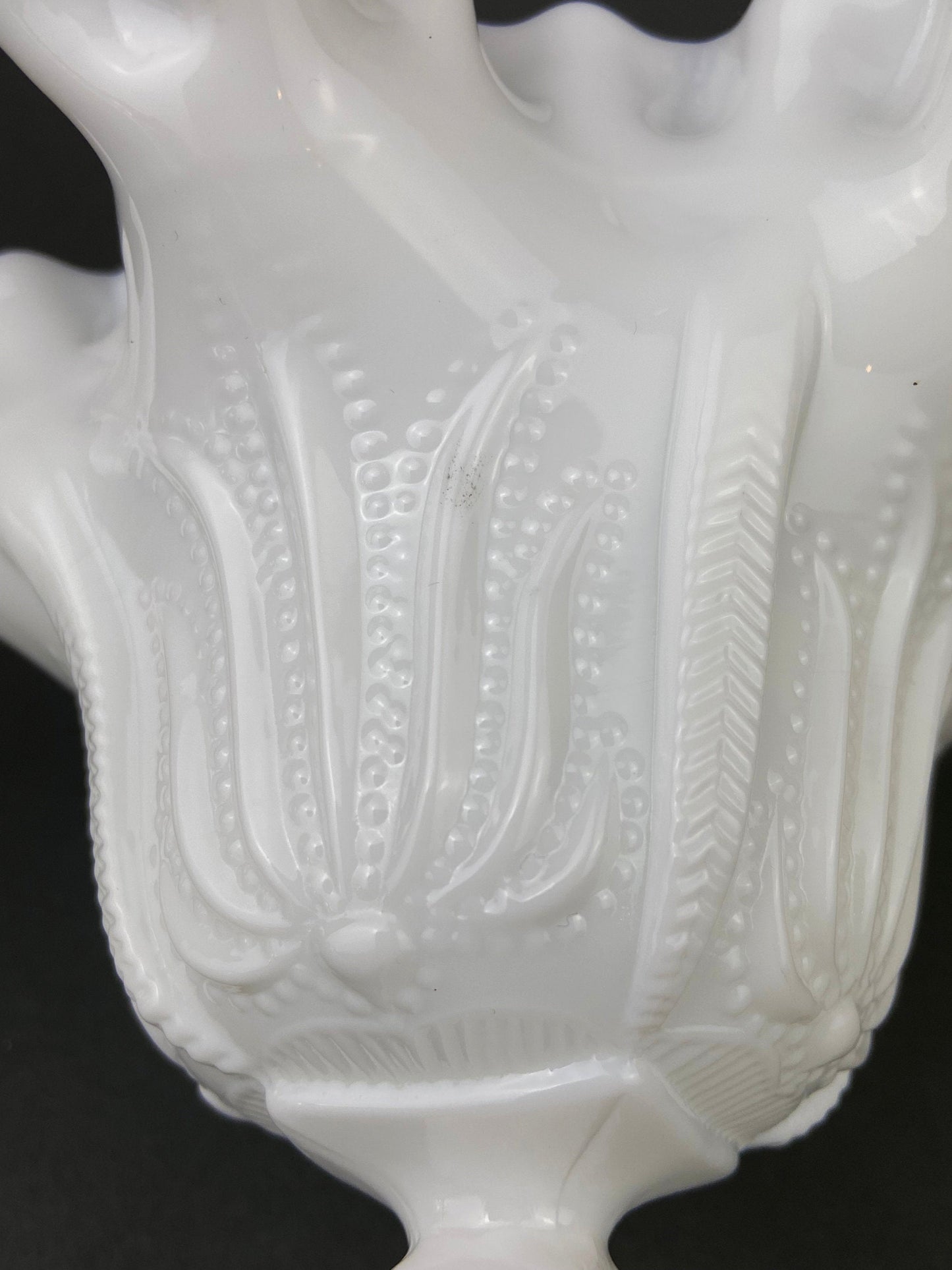 Milk Glass Candy Dish with Ruffled Edge.  Vintage, White Trinket Dish.  Footed Bowl with Floral Motif.