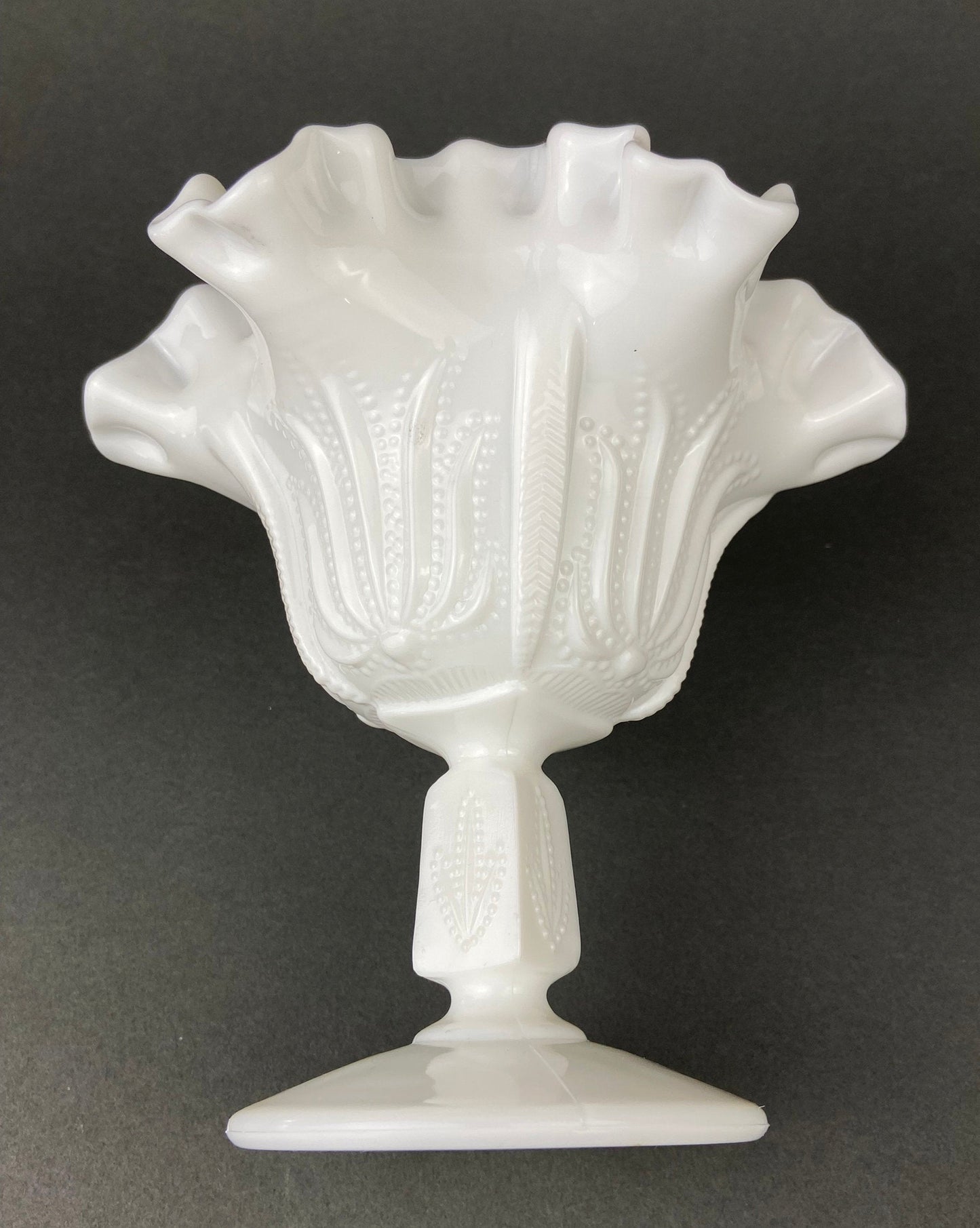 Milk Glass Candy Dish with Ruffled Edge.  Vintage, White Trinket Dish.  Footed Bowl with Floral Motif.