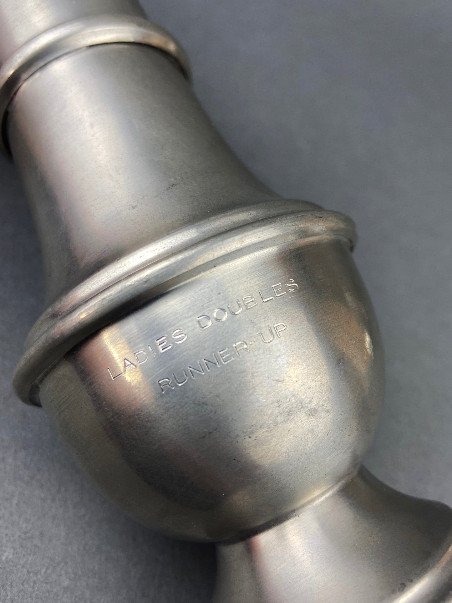 Vintage Pewter Sugar and Cinnamon Shaker. Reed and Barton Muffineer. Subscribed with "Ladies Doubles Runner Up."