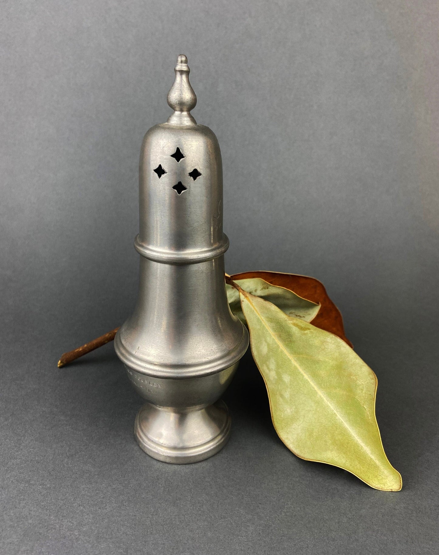 Vintage Pewter Sugar and Cinnamon Shaker. Reed and Barton Muffineer. Subscribed with "Ladies Doubles Runner Up."