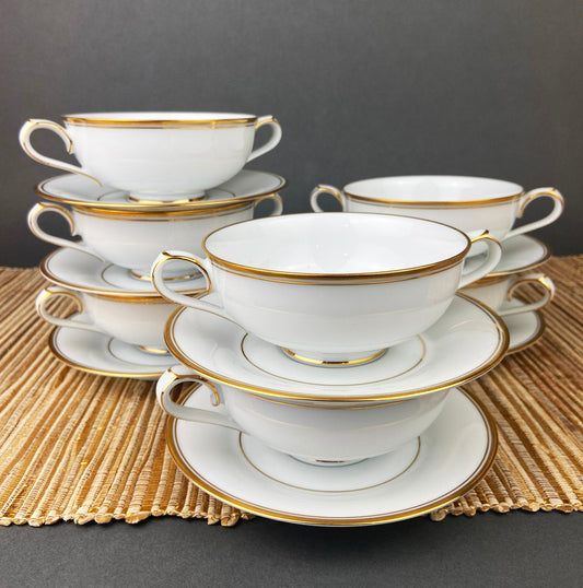 Vintage, Gold Wedding Band, Porcelain Soup or Bullion Bowls & Saucers. Allison by Noritake. Set of 7.  Fine Dining. Wedding Gift.