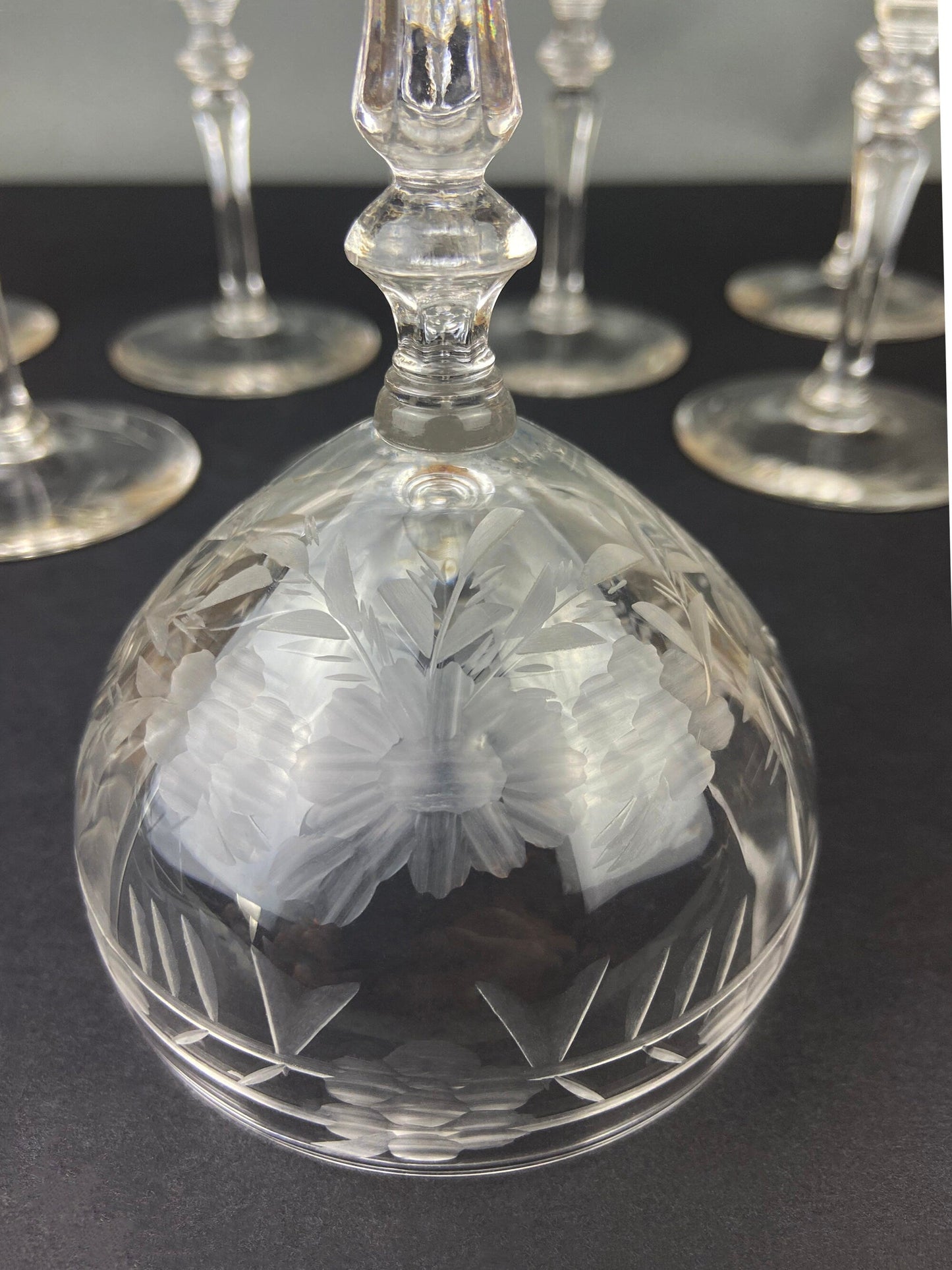 Vintage Cut Crystal Champagne Glasses.   Set of 9 Vintage Glasses with Daisy Motif.  Fine Stemware.