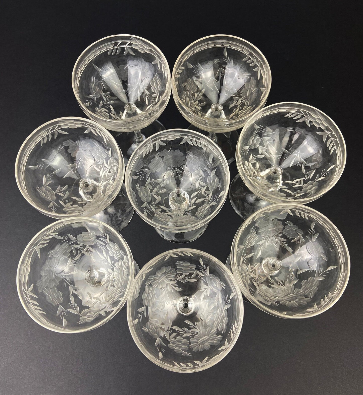 Vintage Cut Crystal Champagne Glasses.   Set of 9 Vintage Glasses with Daisy Motif.  Fine Stemware.